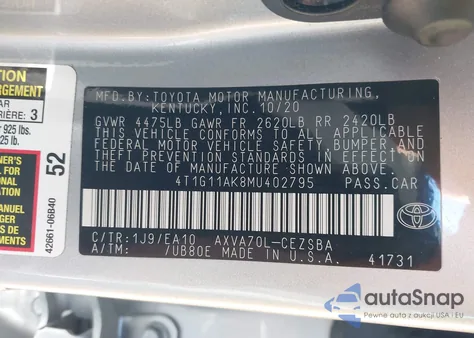 2021 Toyota Camry Se z USA, uszkodzony, nr VIN 4T1G11AK8MU402795